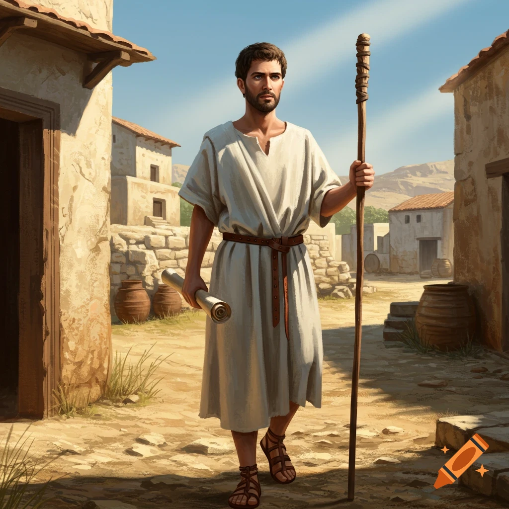 An ancient man in robes holds a staff and scroll while walking through a village.