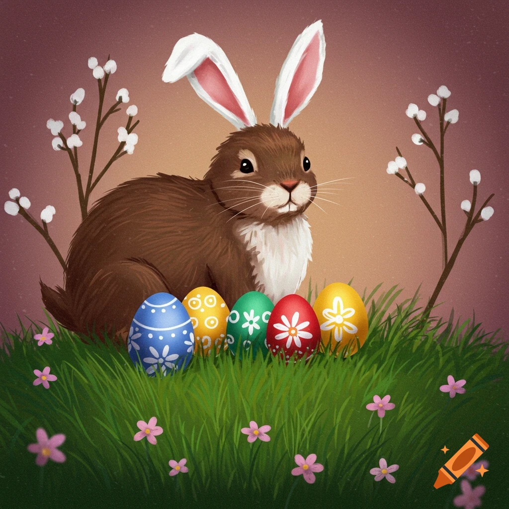 An Easter bunny with painted eggs in grass with pussy willow branches.