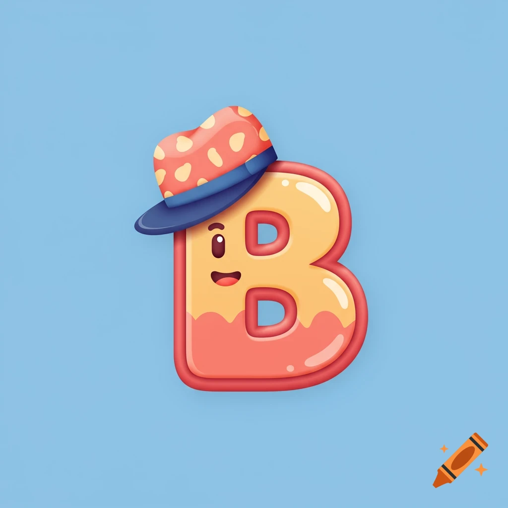Cartoon letter B wearing a hat on a blue background