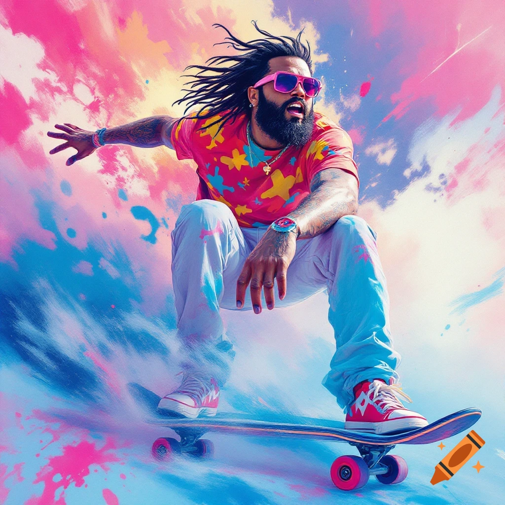 A man skateboarding amidst vibrant pink and blue splatters.