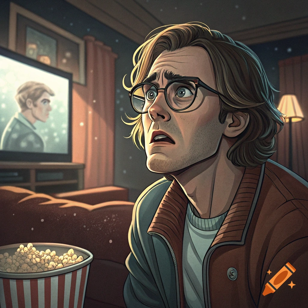 Illustrative portrait of a paranoid man with glasses watching TV with a bowl of popcorn.
