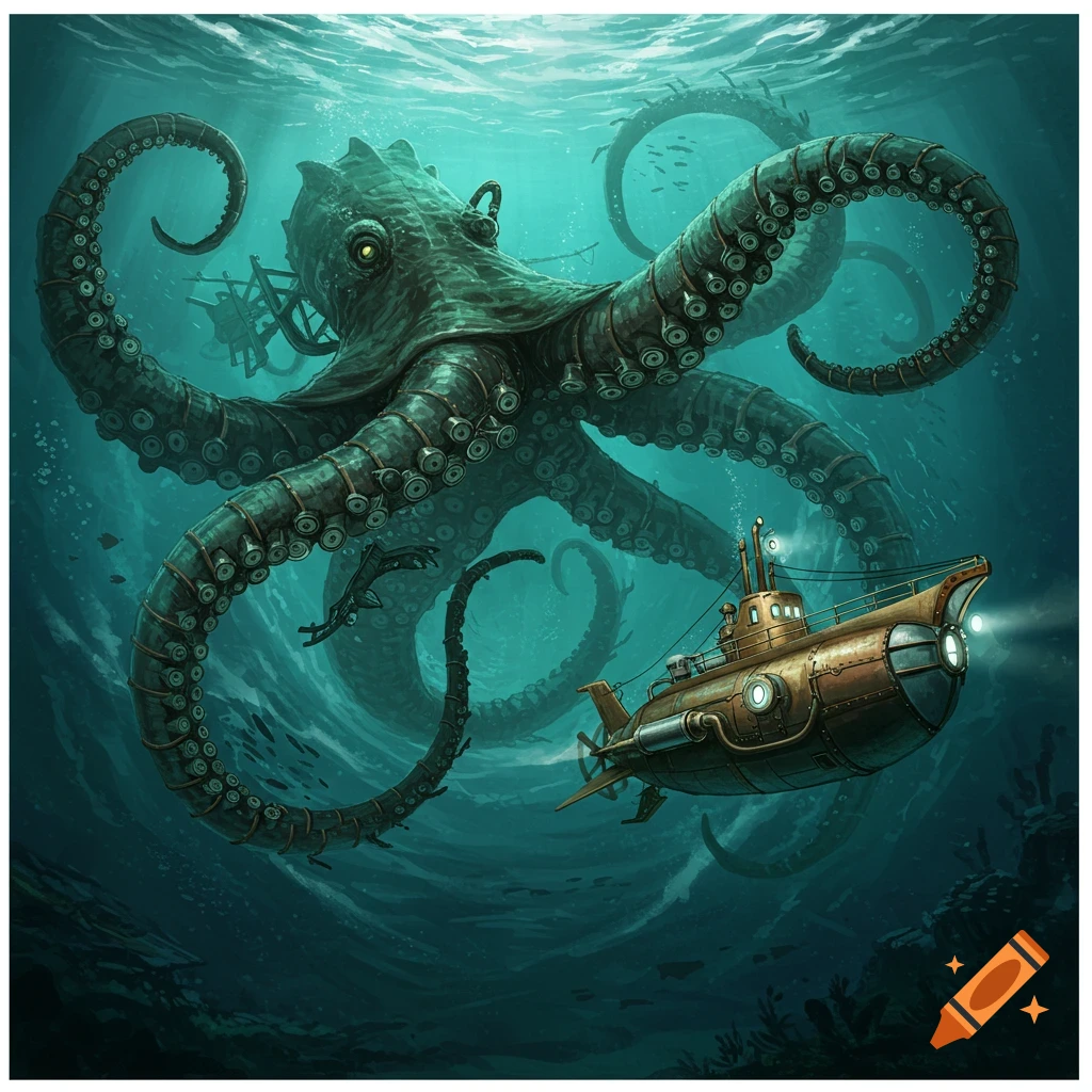 A giant mechanical kraken attacks a golden submarine deep underwater.