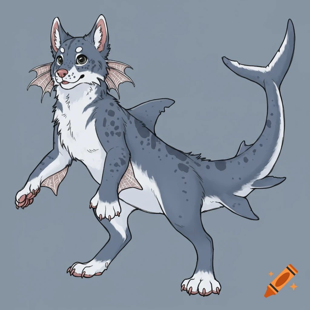 Digital illustration of a furry dog-shark creature with fins, webbed paws, and a spotted body, standing on a grey background.