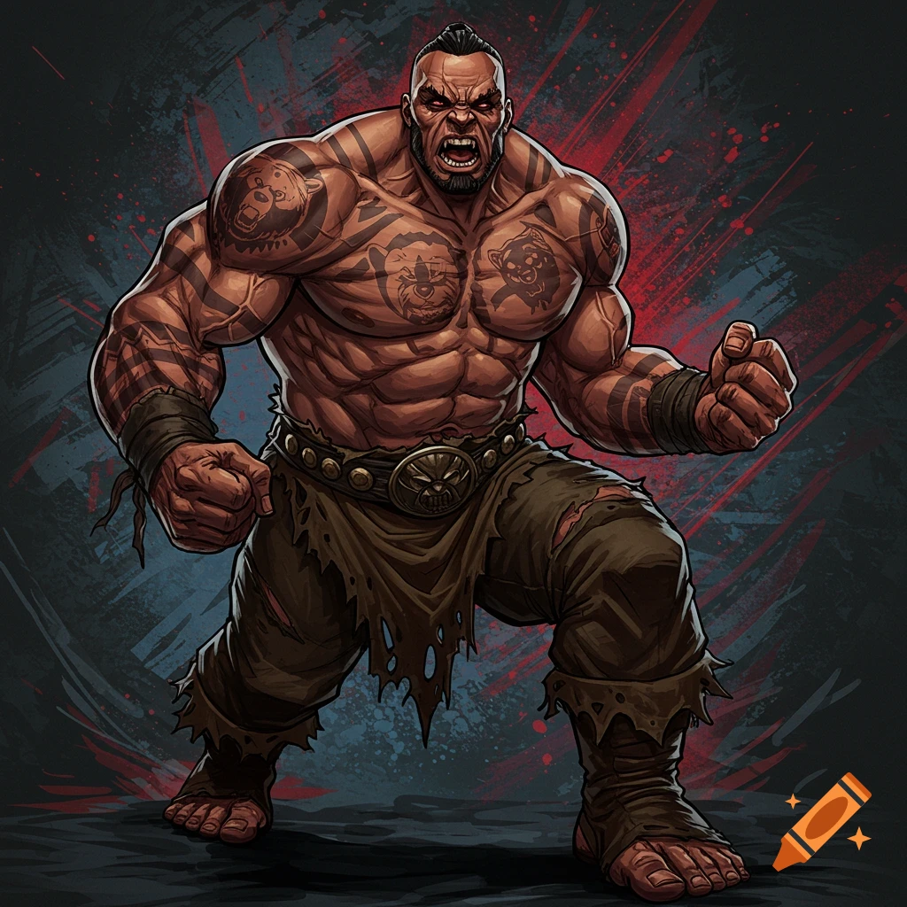 A muscular character with bear tattoos, torn clothes, and a fierce expression clenches his fists in a stylized illustration.