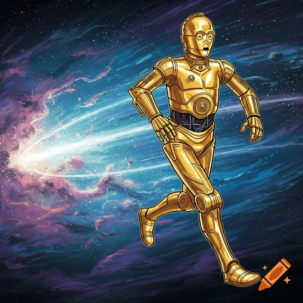 A gold robot resembling C-3PO runs through a vibrant blue and purple nebula in space.