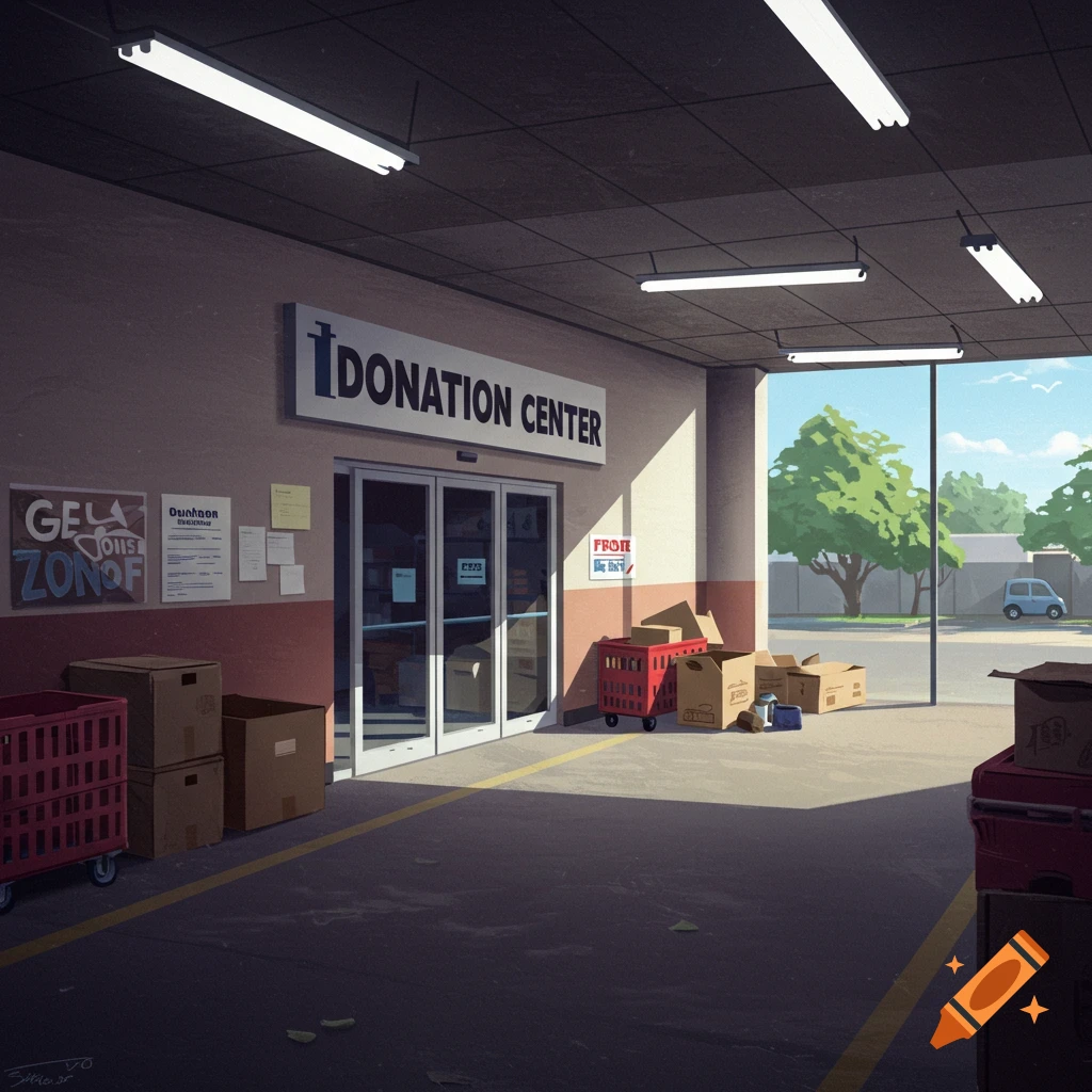 Entrance to a donation center with boxes and carts outside, nobody present.