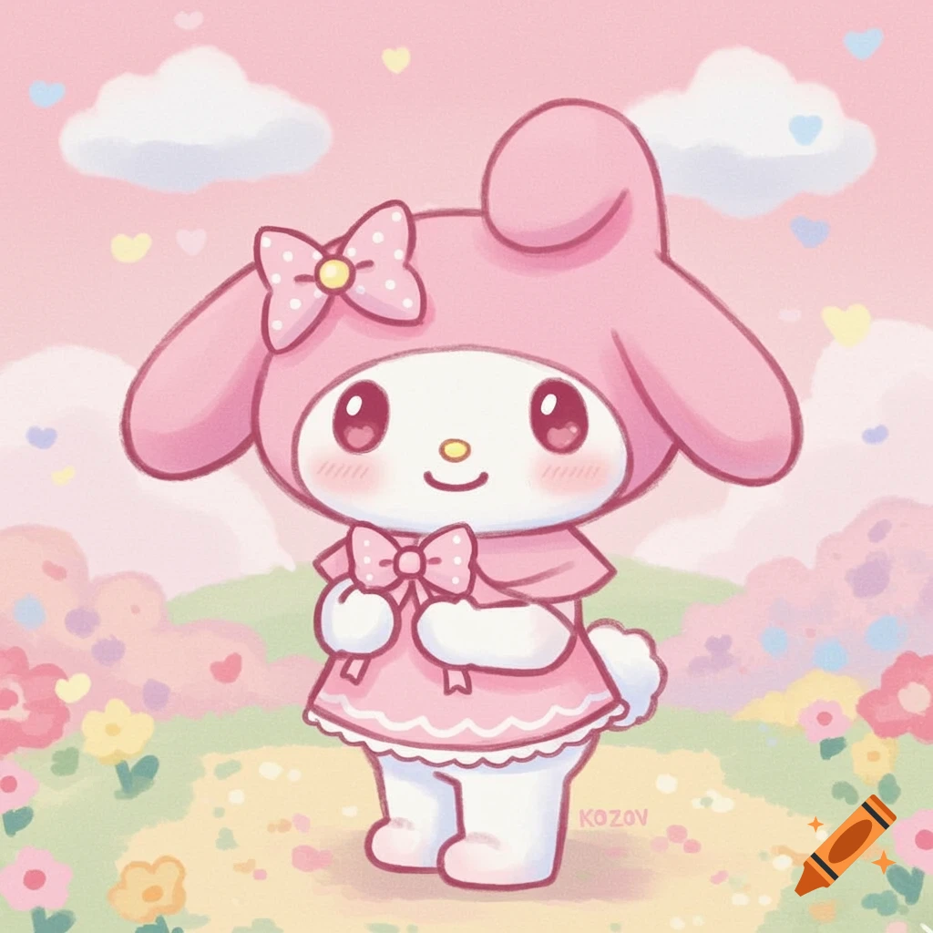 Cute My Melody in a pink outfit standing in a whimsical pastel garden.