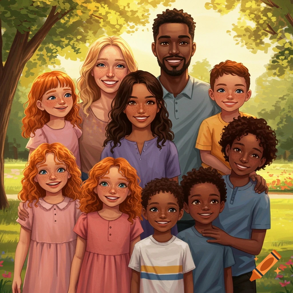 A diverse family with parents and six children smiling in a sunny park.