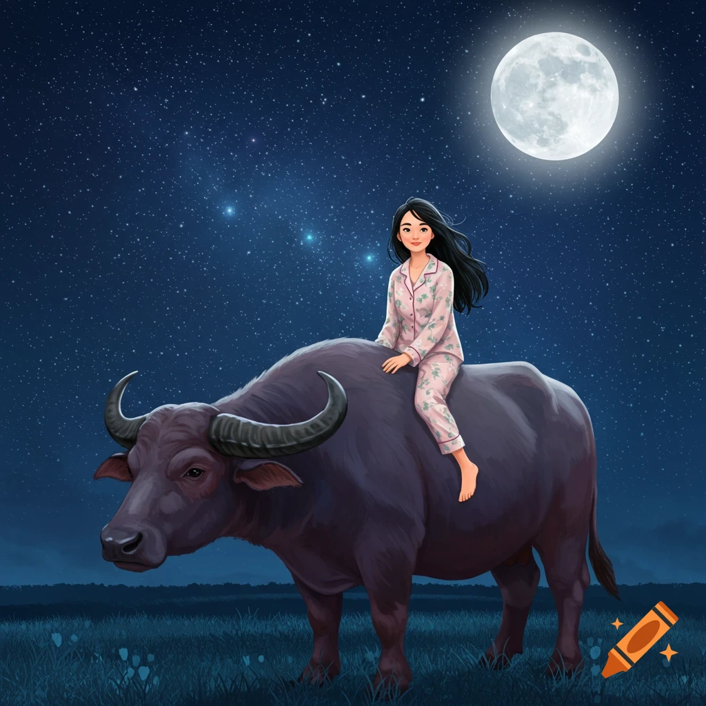 A girl in pajamas is riding a buffalo under a full moon at night.