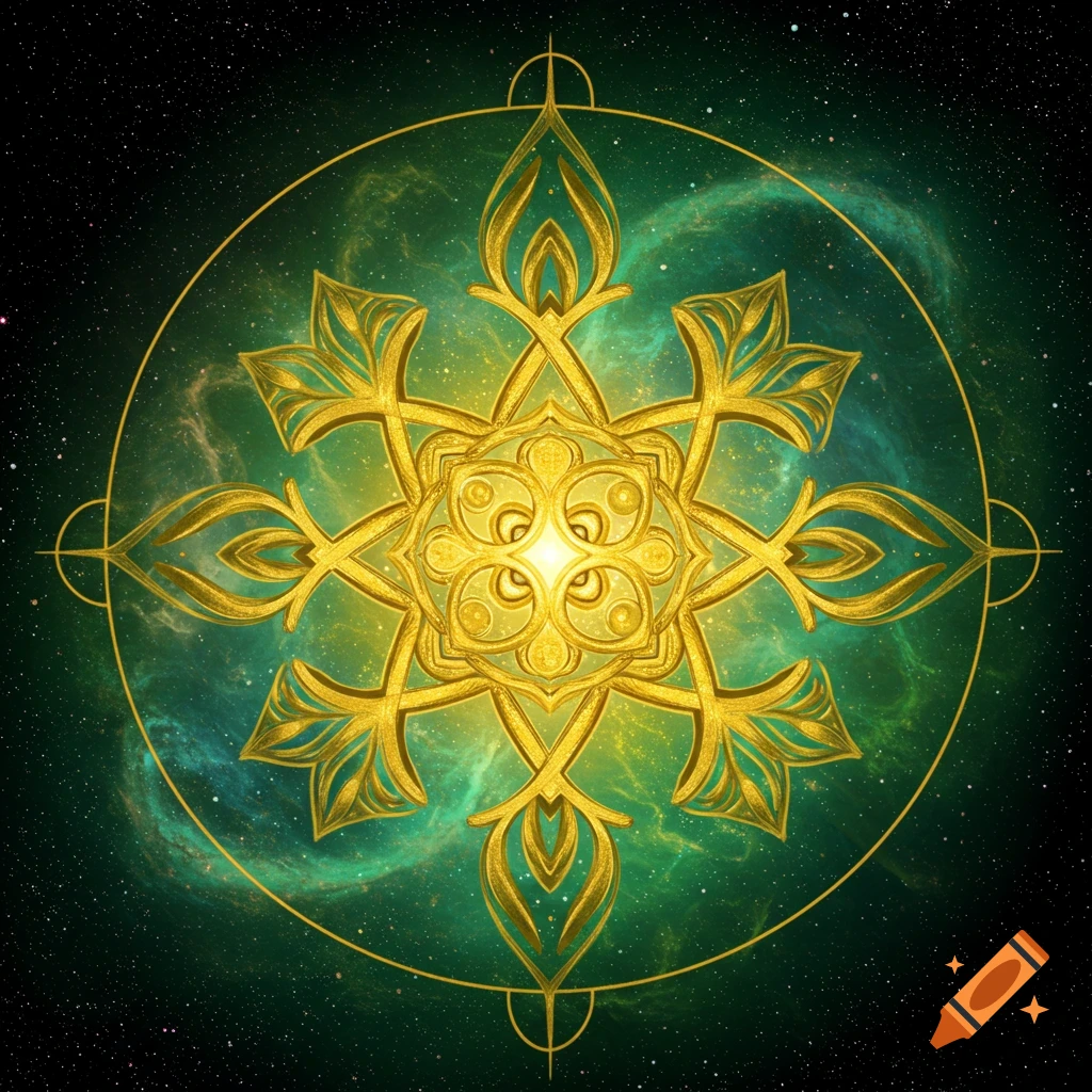 A golden abstract symbol or sigil against a green nebula and starfield background.