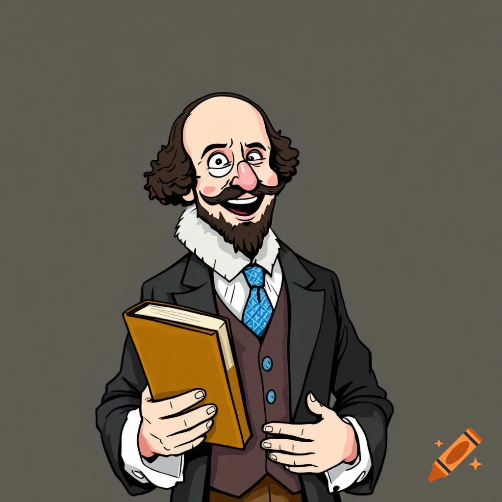 Cartoon of William Shakespeare holding a book and smiling.