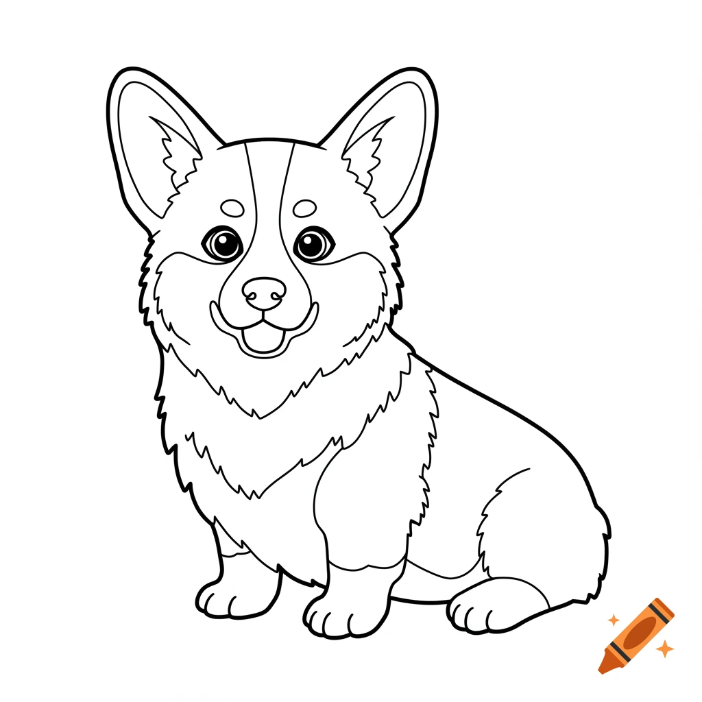 Black and white outline drawing of a sitting corgi puppy coloring page.