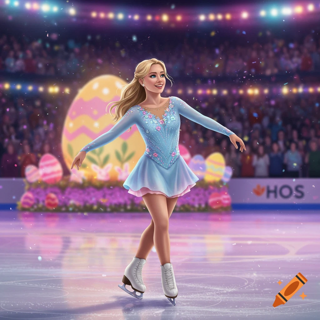 A figure skater is on an ice rink with Easter eggs and a crowd in the background.