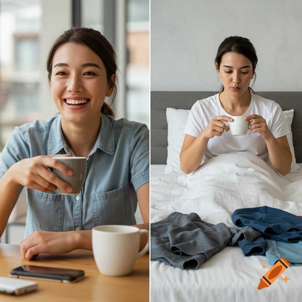 Split screen shows a woman drinking coffee, smiling at a cafe table and sipping in bed with clothes nearby.