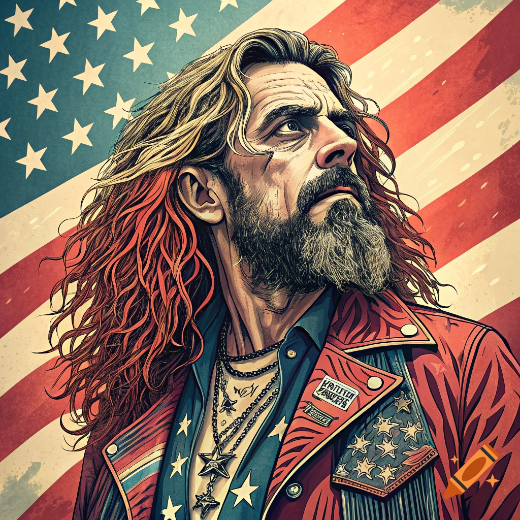A stylized portrait of a person resembling Rob Zombie with long hair and beard, wearing a red jacket against an American flag, in American Traditional style.