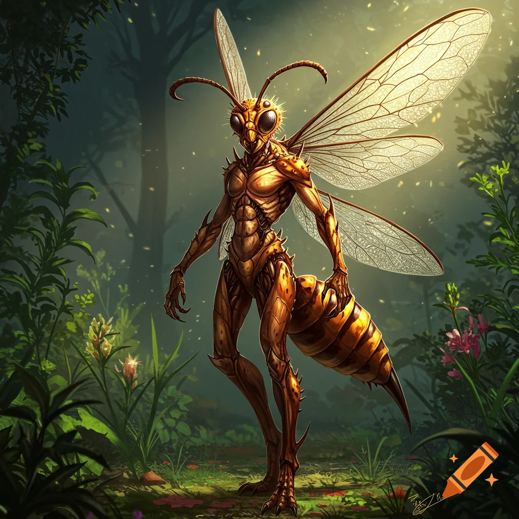 A humanoid wasp creature stands in a forest.