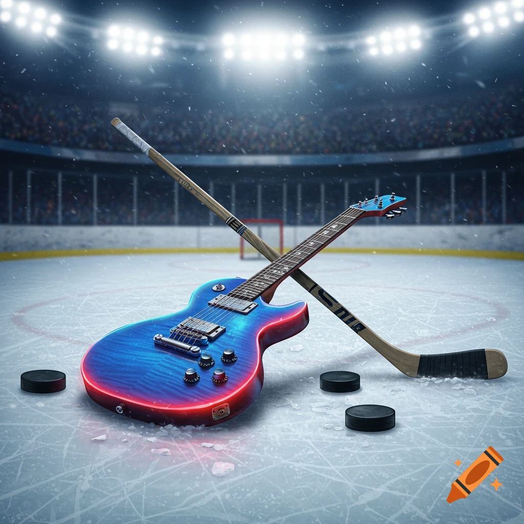An electric guitar leans on hockey sticks on an ice rink with pucks under arena lights.