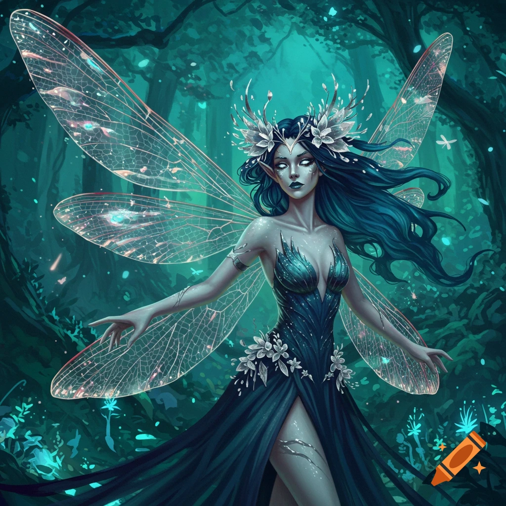 An arch fey lady with glowing wings in a dark forest.