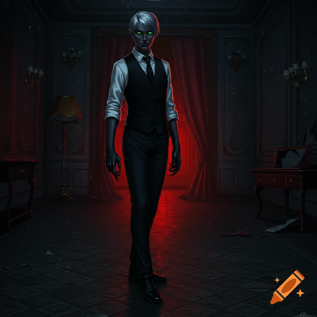 A tall, dark figure in a suit with green eyes and clawed hands stands in a dark, elegant room with red lighting.