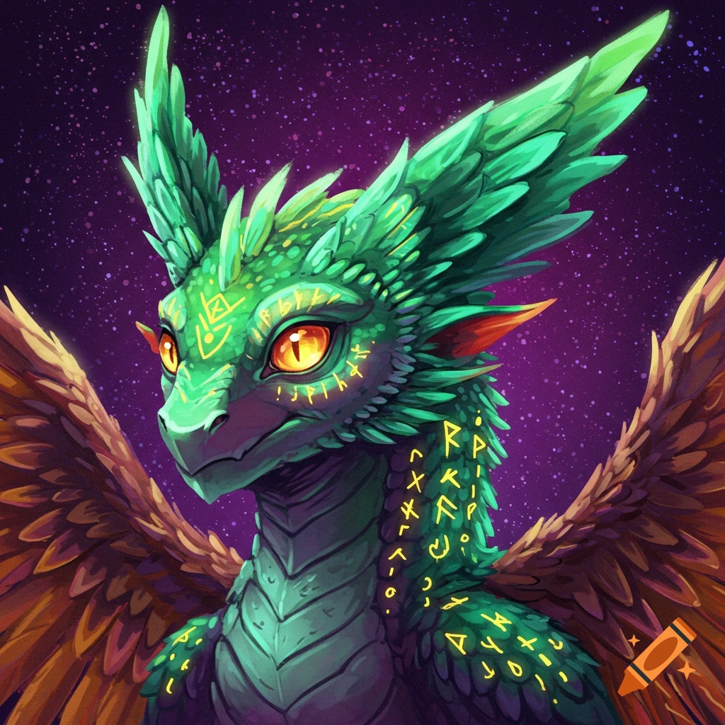 A green dragon with glowing runes and fiery eyes against a starry purple background.