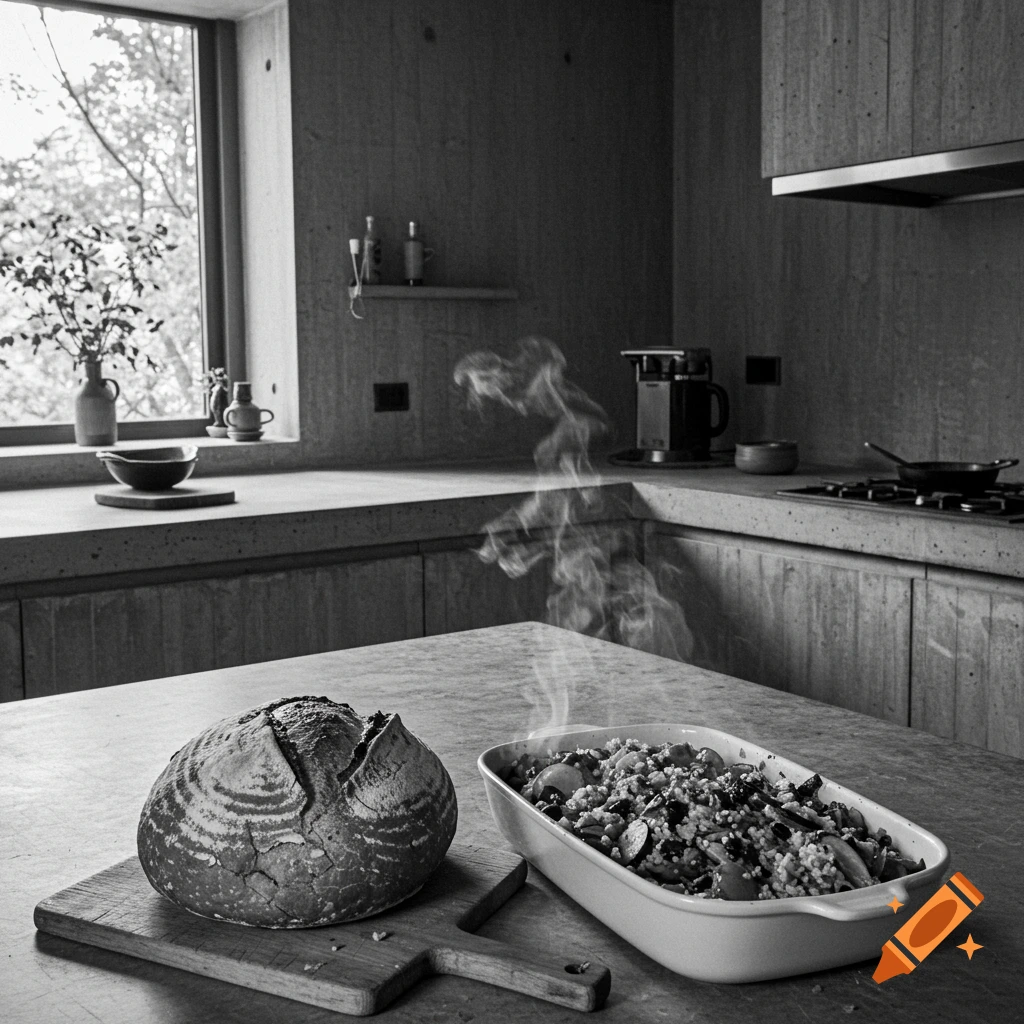Black and white photograph of a loaf of bread and a dish of food steaming on a table in a brutalist kitchen.