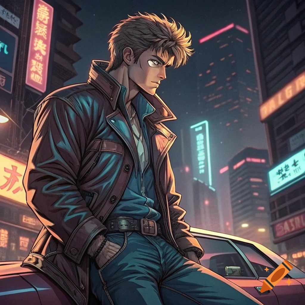 Anime style illustration of a man in a leather jacket sitting on a car at night in a city