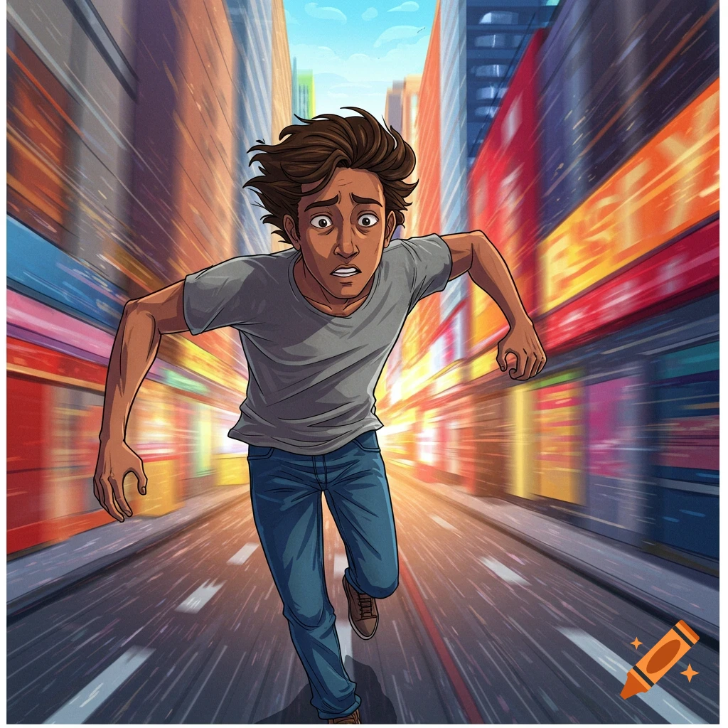 Digital illustration of a man running through a city street with motion blur and a scared expression.