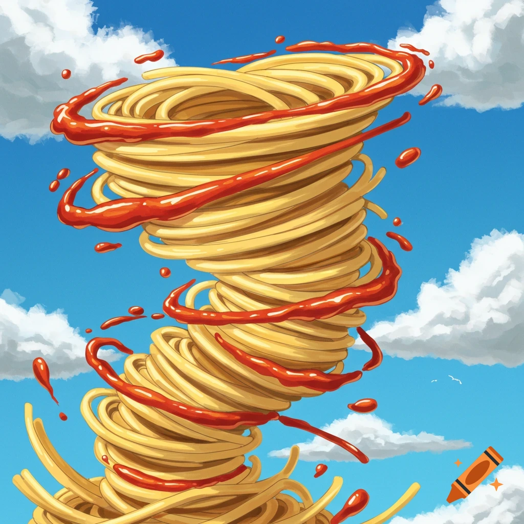 A tornado made of spaghetti and tomato sauce in a cloudy blue sky.