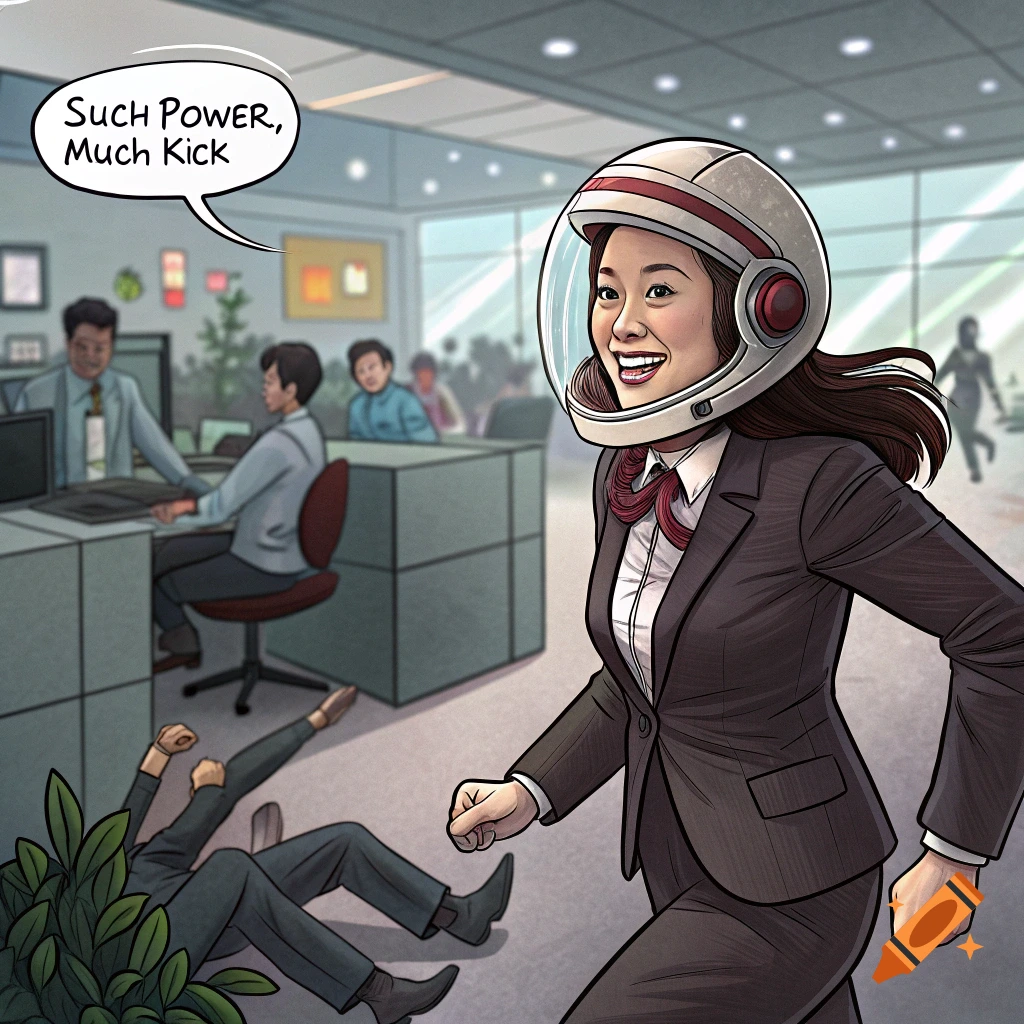 Woman in suit and helmet runs through office past fallen person with speech bubble text 'Such POWER, Much Kick'