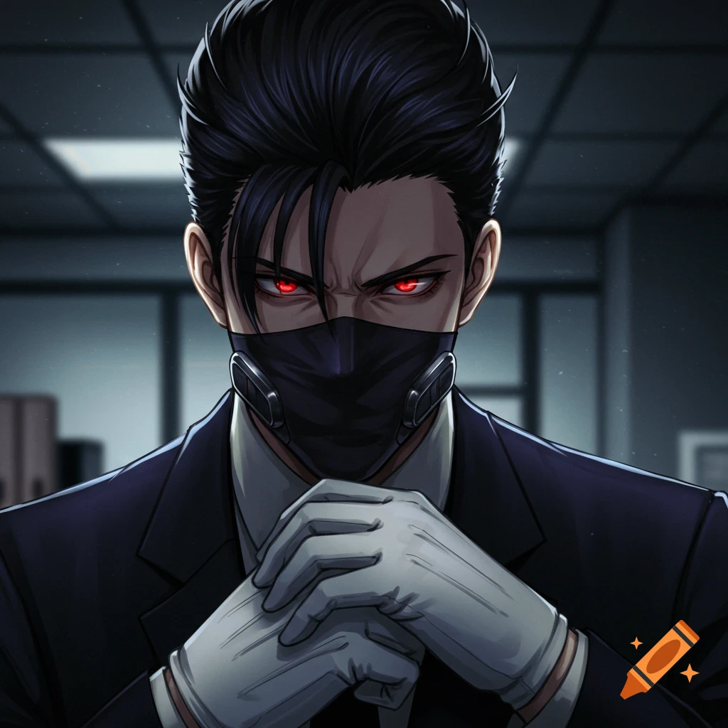 Anime portrait of a man in a suit, mask, and gloves with glowing red eyes, looking intimidating.