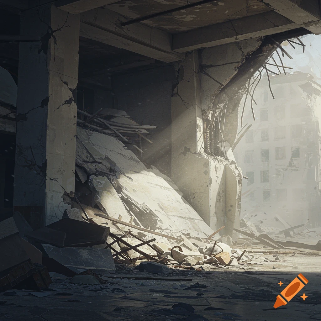 A destroyed building corner filled with rubble and sunlight.
