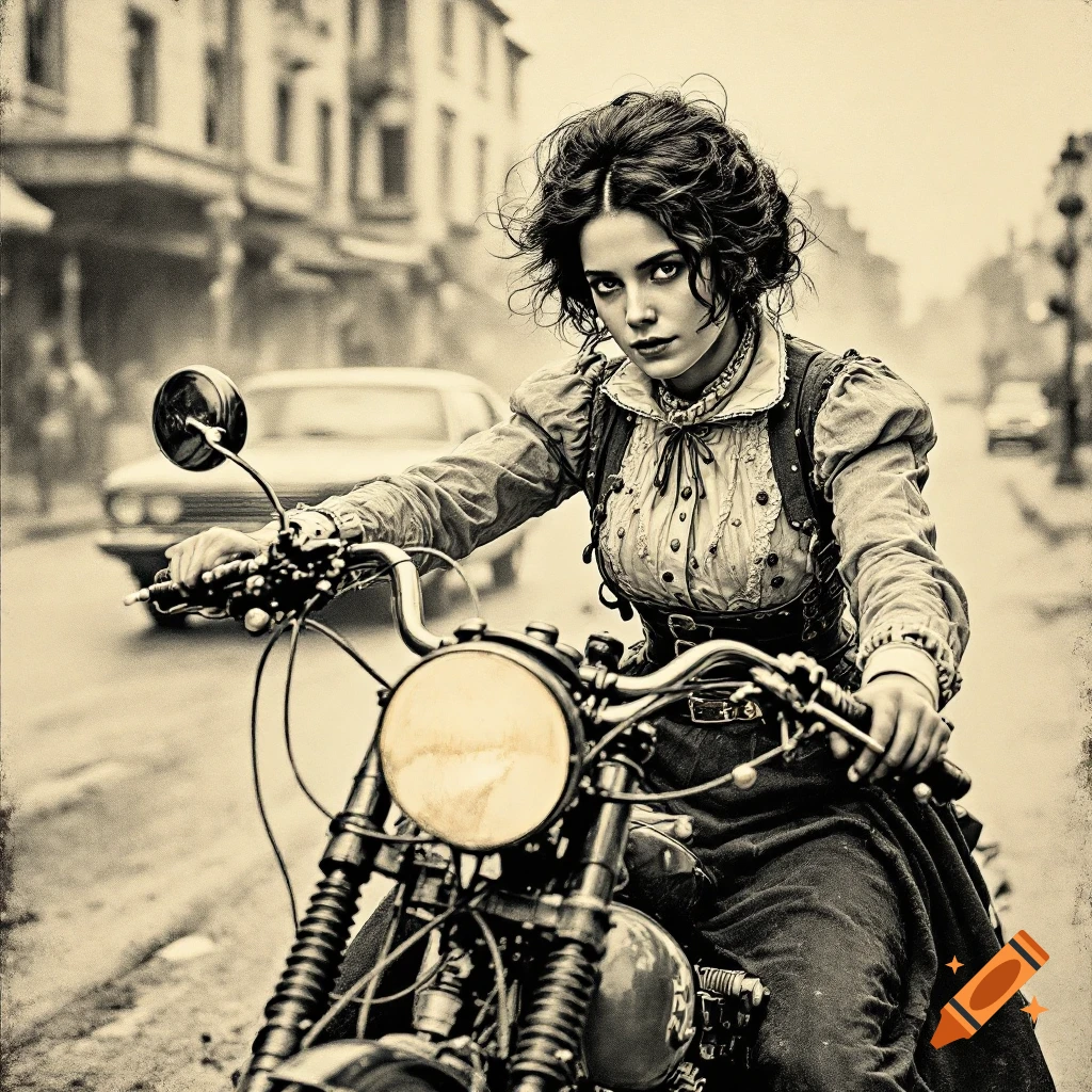 A woman in steampunk attire rides a motorcycle on a city street in a vintage sepia photo.