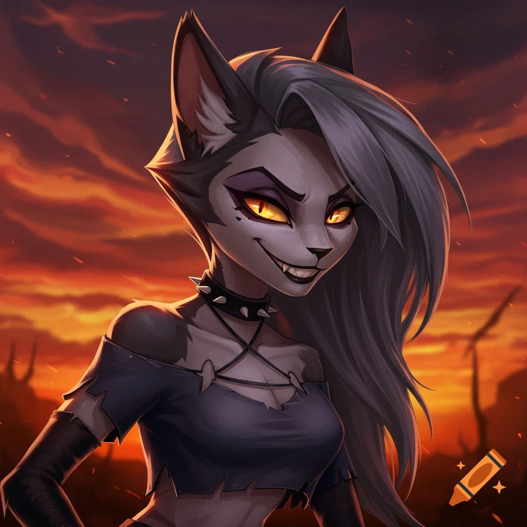 A wolf-like humanoid character with yellow eyes, grey fur, and grey hair, wearing a tattered top and spiked collar, against an orange sunset sky.