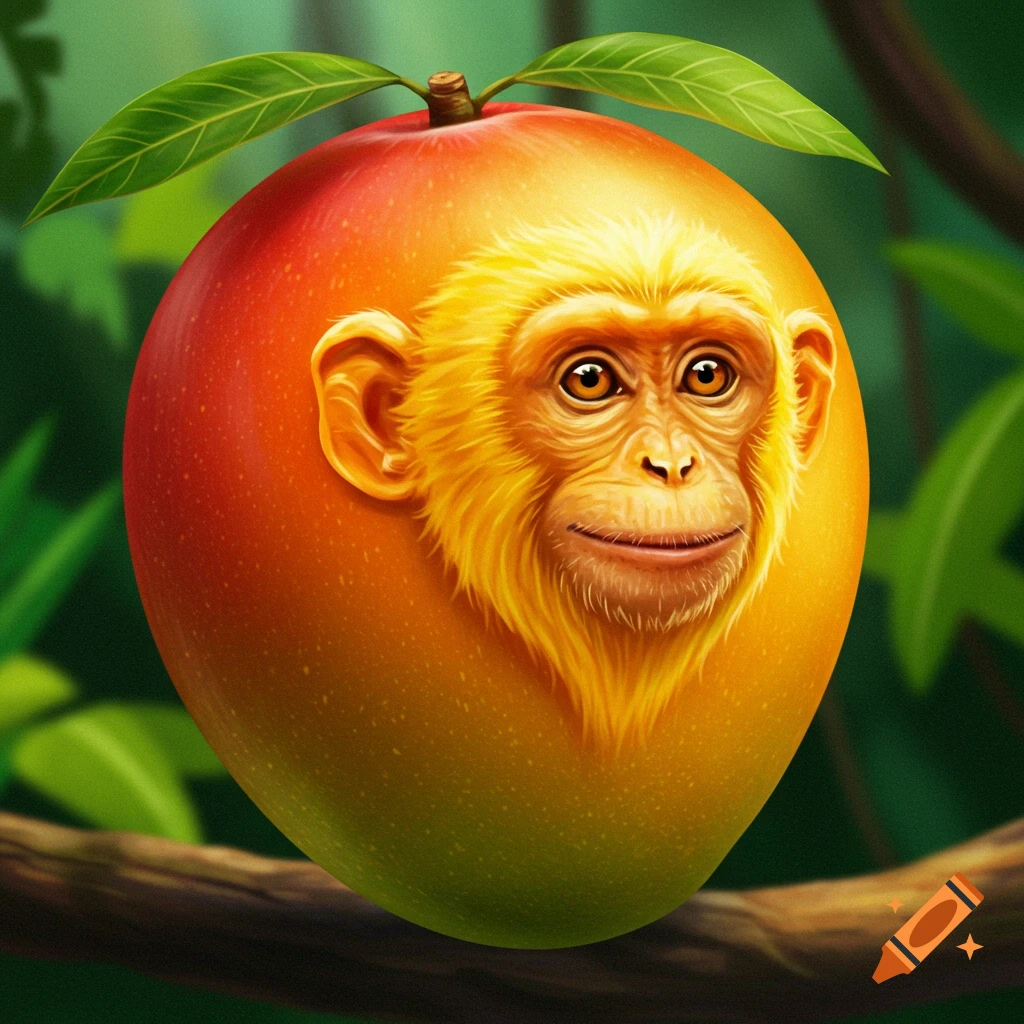 A mango with a monkey face is hanging on a branch.