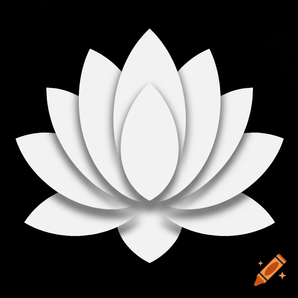 A simple white stylized lotus flower graphic on a black background.
