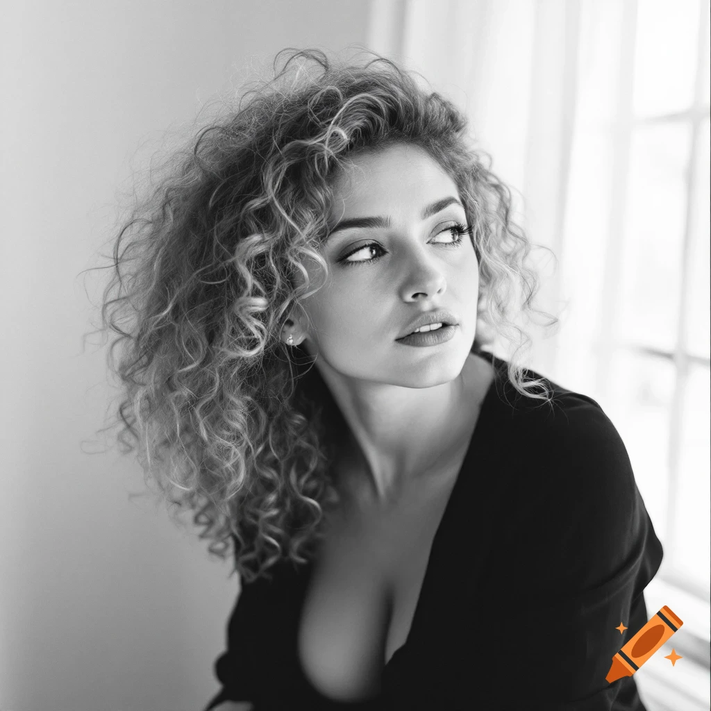 Black and white portrait of a young woman with curly hair looking away
