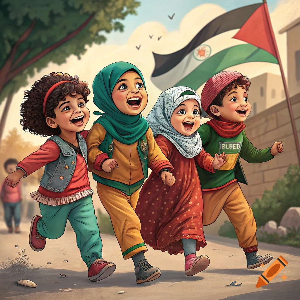 Four happy cartoon children run together in a street, with a large Palestinian flag waving behind them.