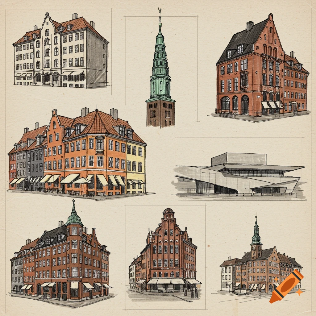 Multiple sketches of Copenhagen buildings in a sketch style.