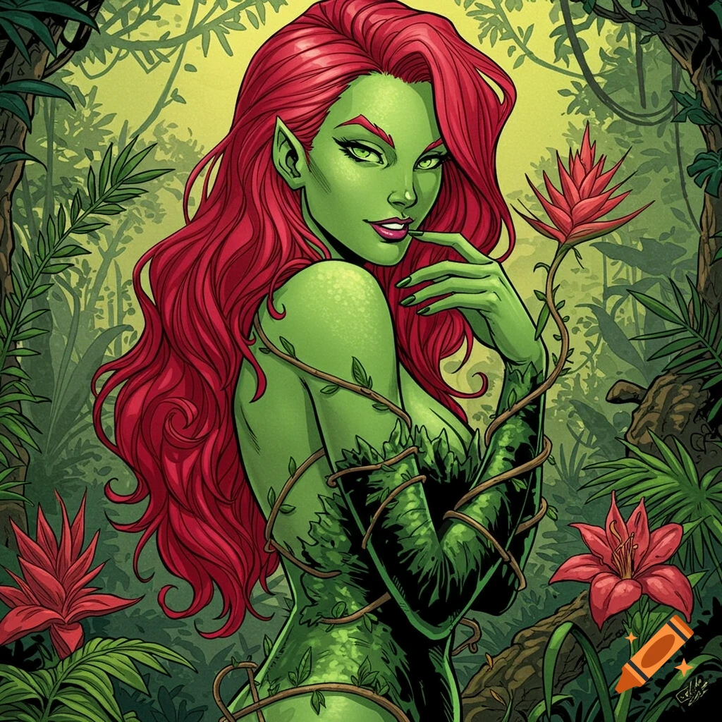 Poison Ivy with red hair and green skin in a jungle.