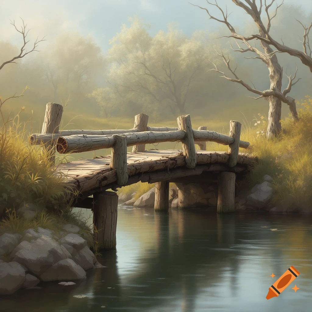A wooden bridge over a stream in a misty landscape.