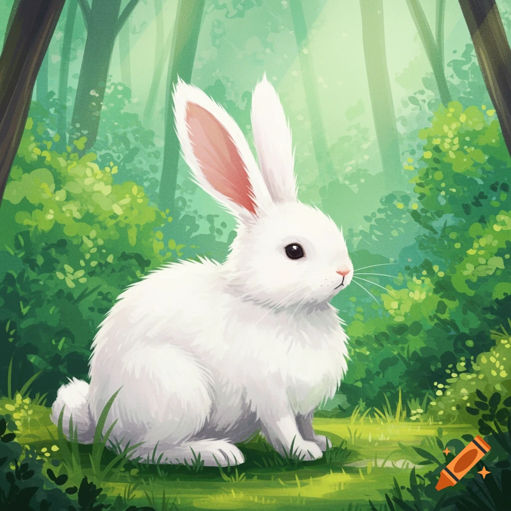 A white bunny sits in a green forest.