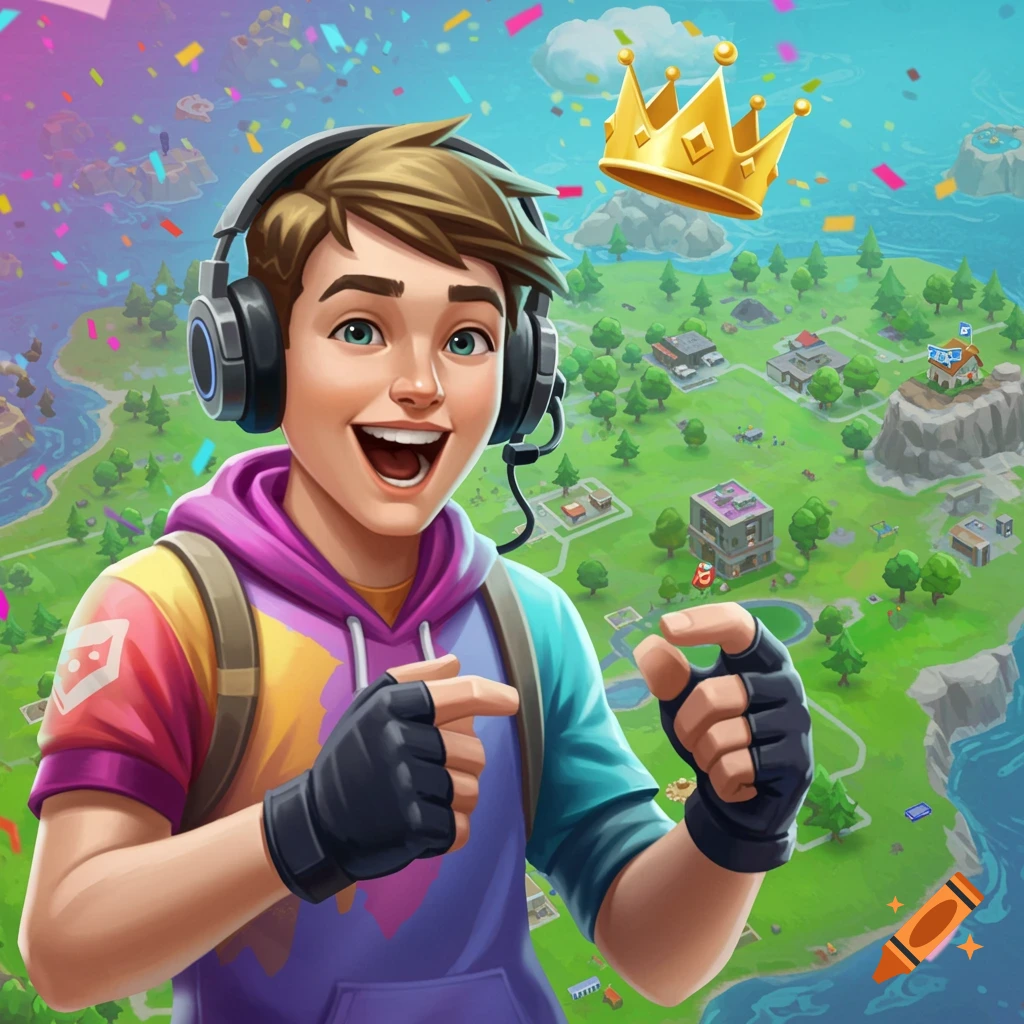 Cartoon boy with headset celebrates game victory over a map with confetti and crown.