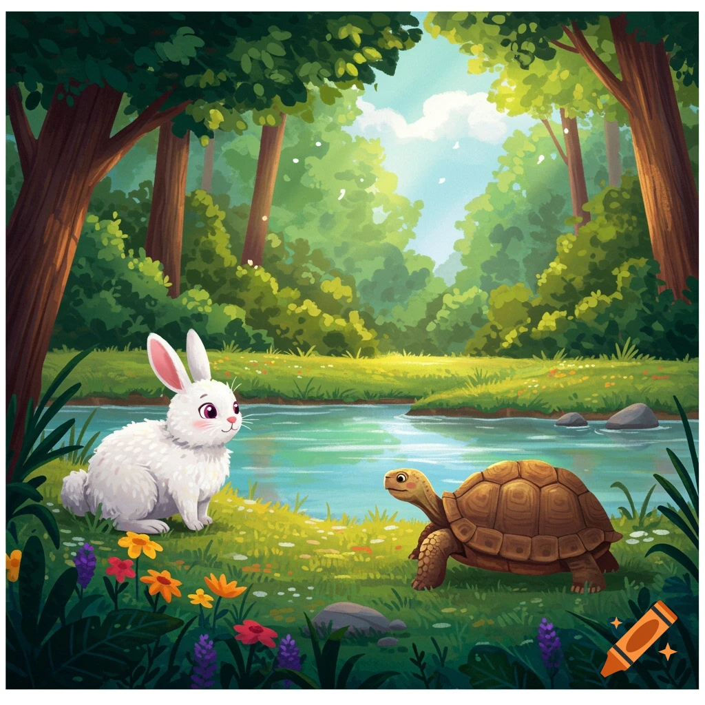 A white rabbit faces a tortoise across a riverbank in a sunny forest, illustration style.