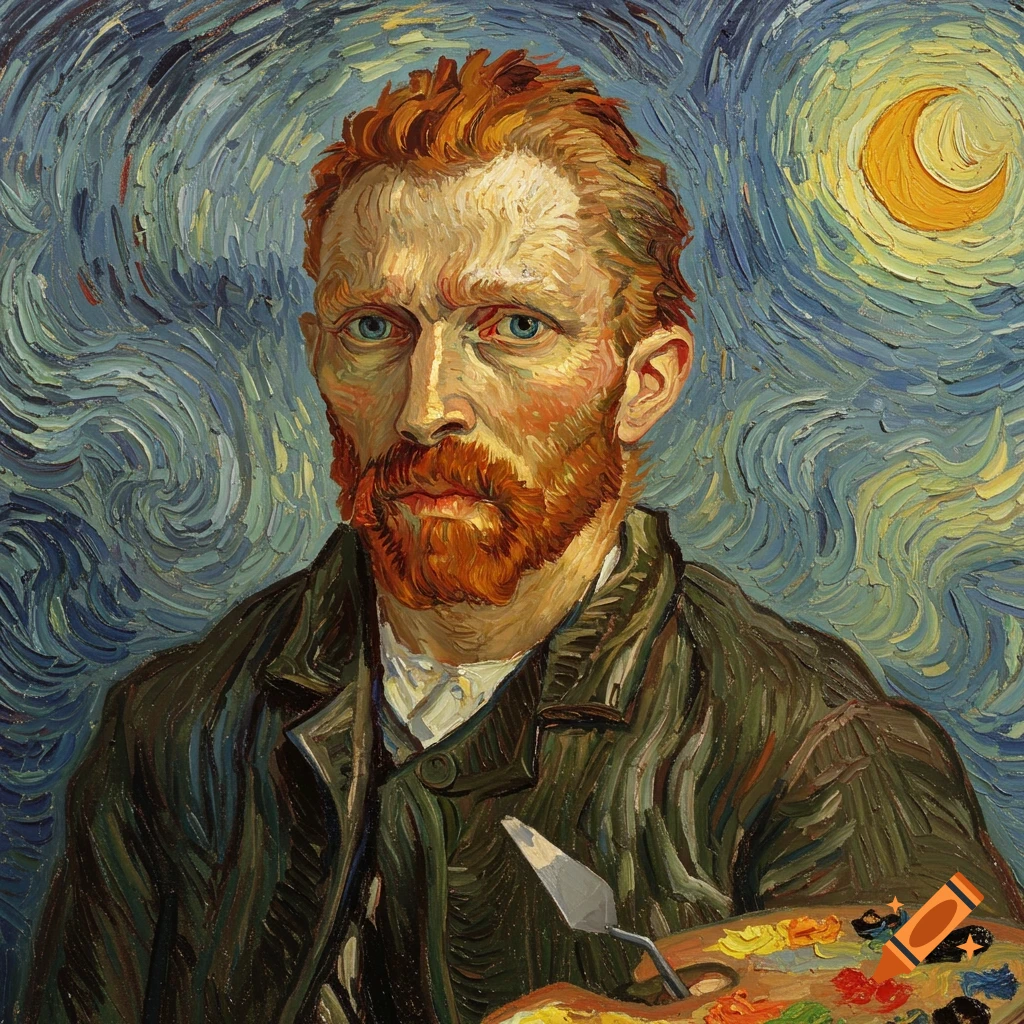 Self-portrait of a man with red hair and beard in the impasto style of Van Gogh, holding a palette and knife.