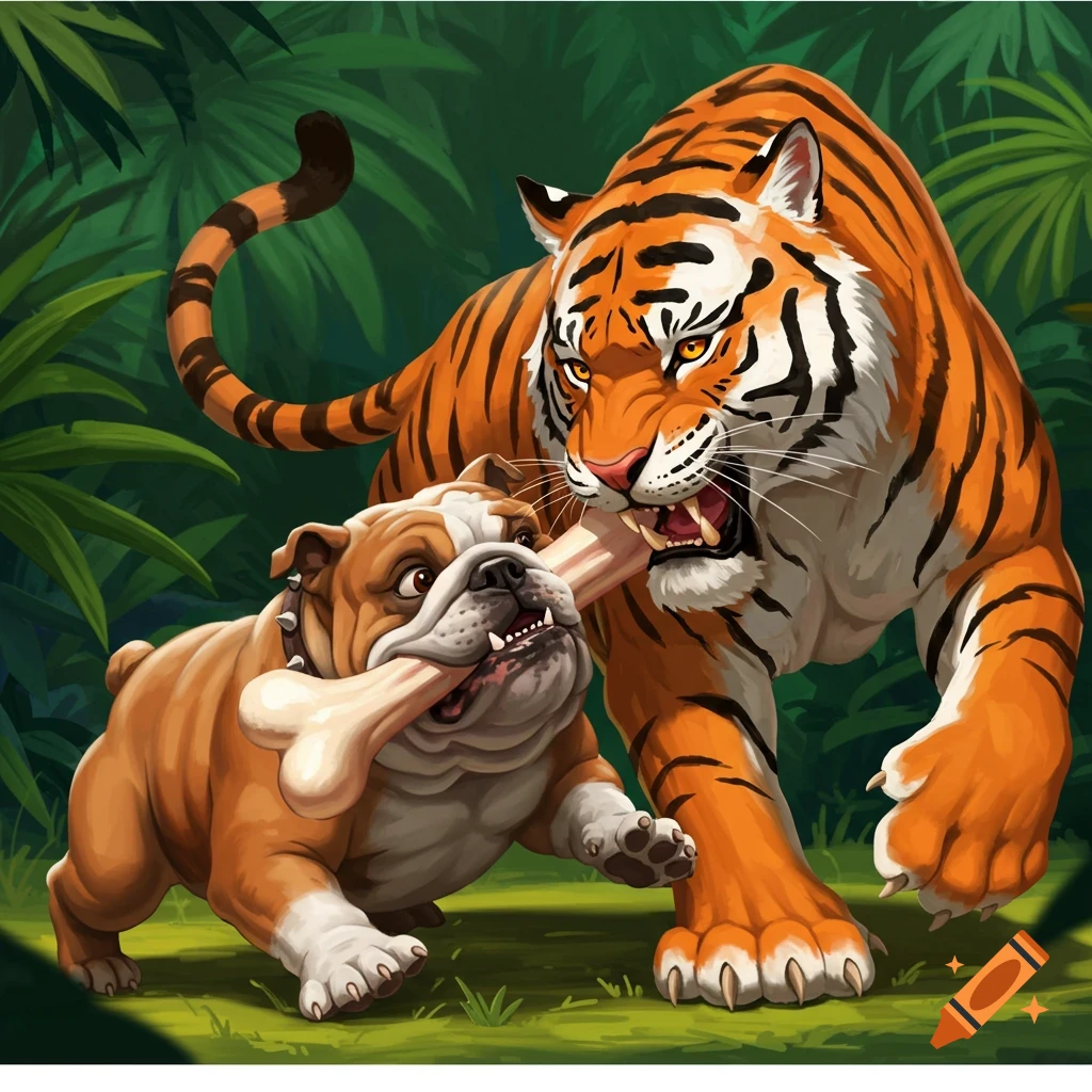 A bulldog and a tiger are tugging on a bone in a jungle.