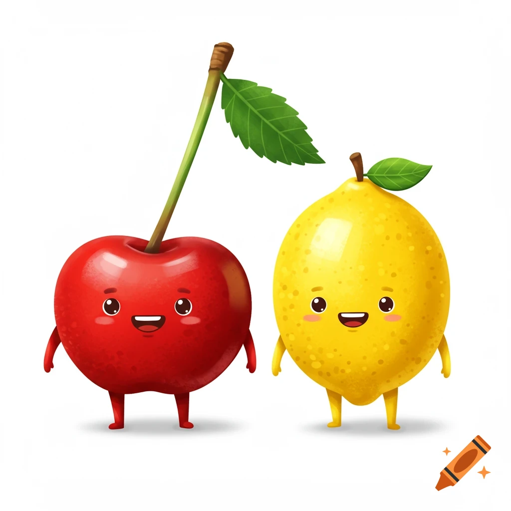 A cartoon cherry and lemon mascot standing together.