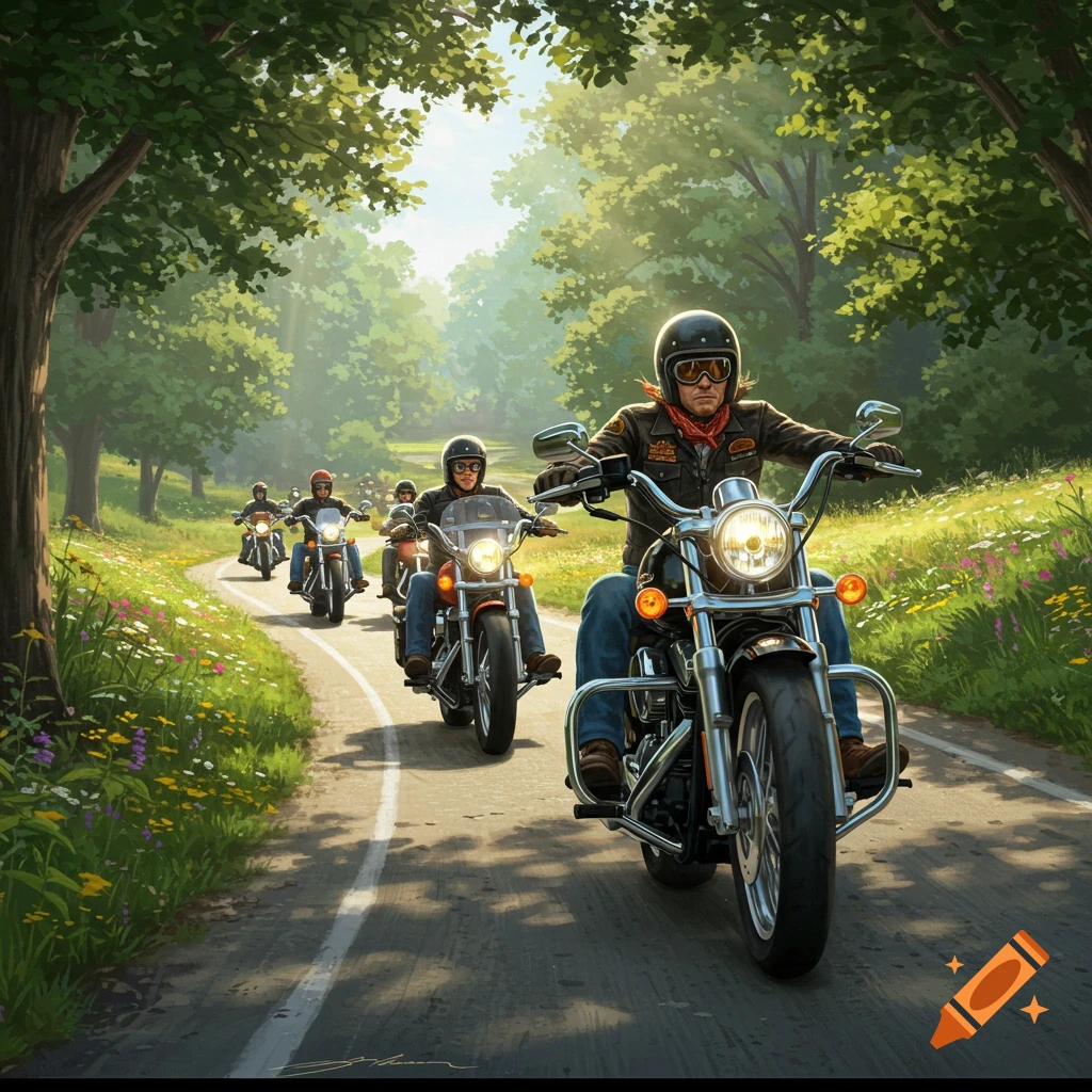 A group of motorcyclists riding down a winding road through a sunny, wooded landscape.