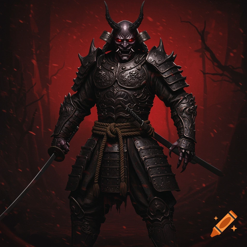 A menacing, horned oni demon samurai in dark armor holds katanas against a red background.
