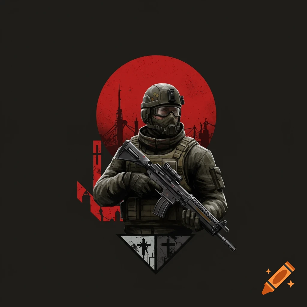 Stylized image of a soldier in tactical gear holding a rifle against a red circle background.