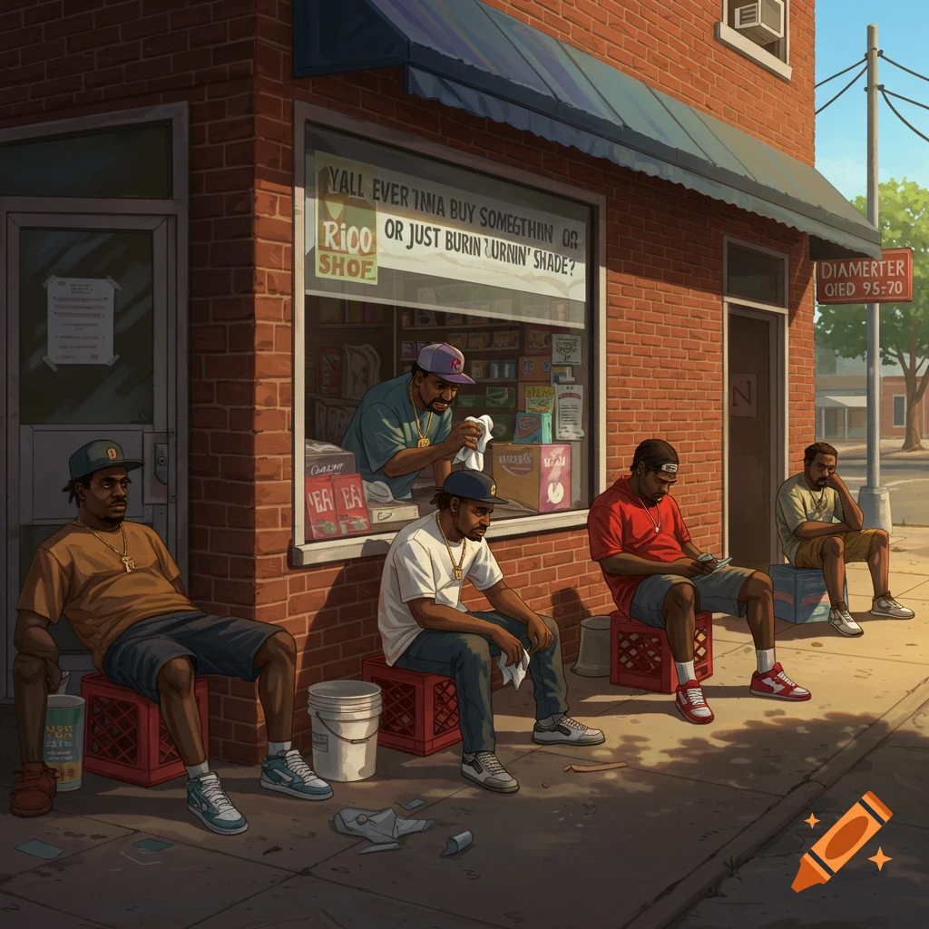 A few men sit on crates outside a brick corner store.